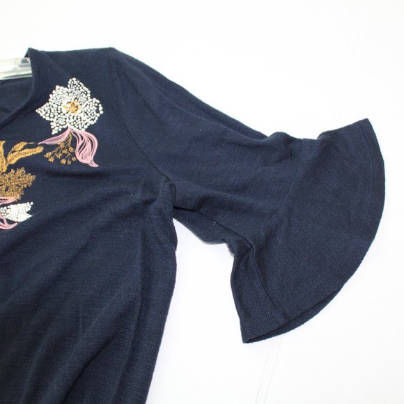 Ann Taylor Outlet Black Scoop Neck 3/4 Bell Sleeve Floral Accent Top Size Small - Picture 6 of 8